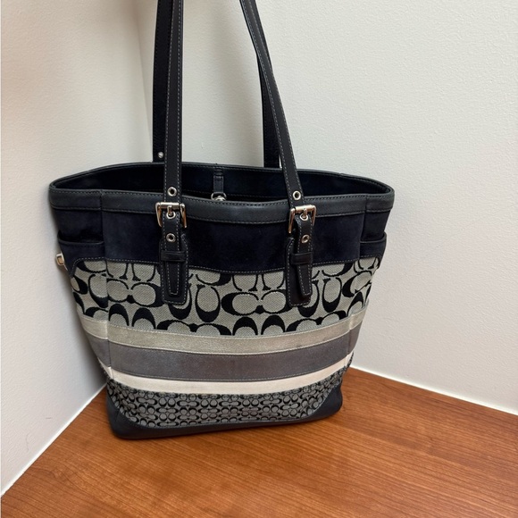 Coach Signature Stripe Mixed Media Medium Tote F11529 Shoulder HandbagAuthentic - Picture 1 of 12